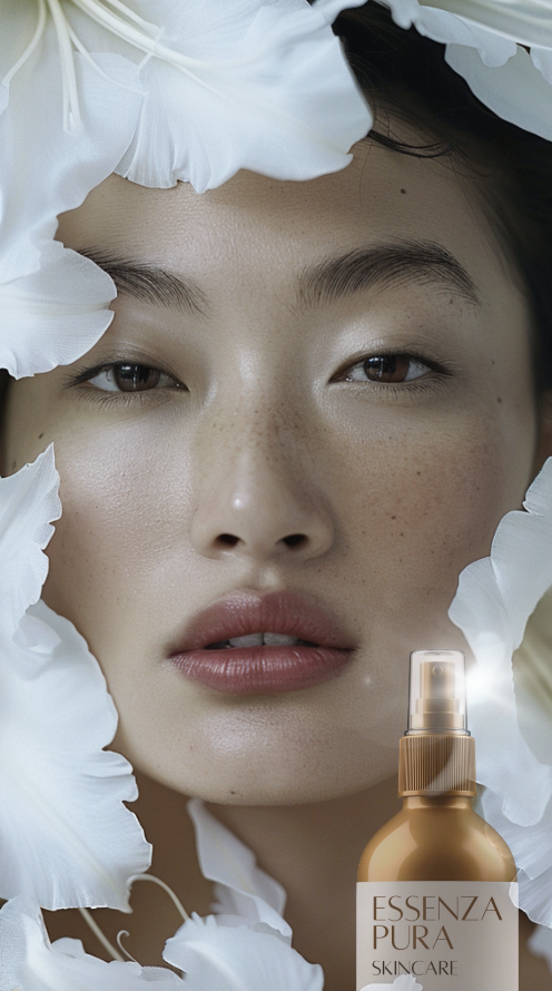 Essenza Pura Skincare: ritratto beauty e prodotto tra petali bianchi