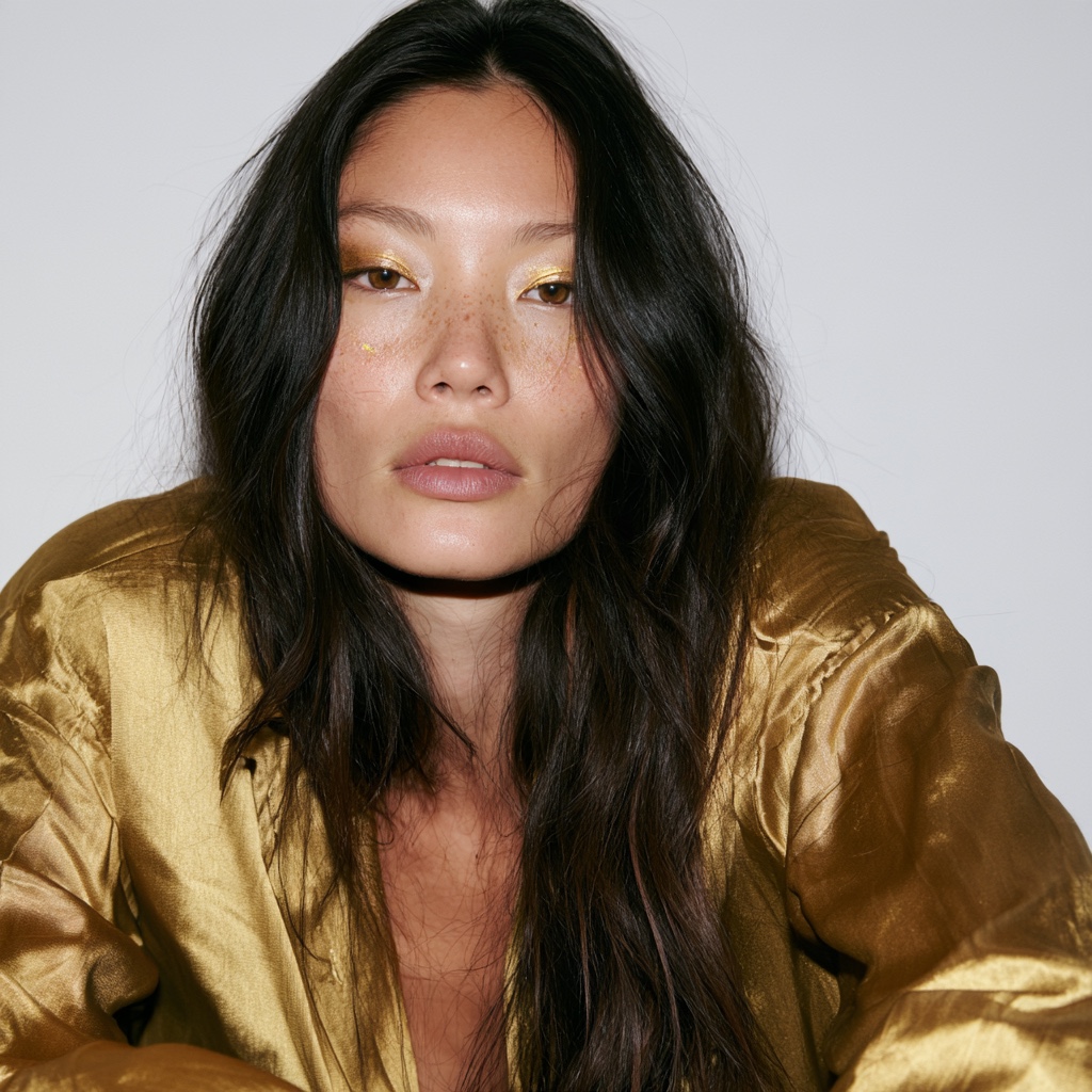 Ritratto beauty con make-up e abito dorati